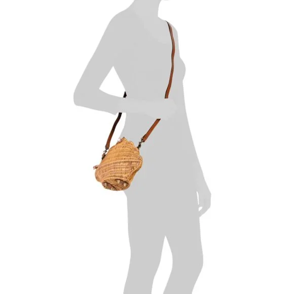 PATRICIA NASH Tan Cala Luna Wicker Seashell Shape Crossbody With Scarf